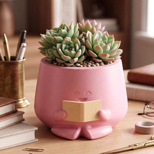5" Reading Happy Face Pot Pink Resin Planter