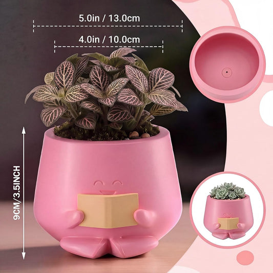 5" Reading Happy Face Pot Pink Resin Planter