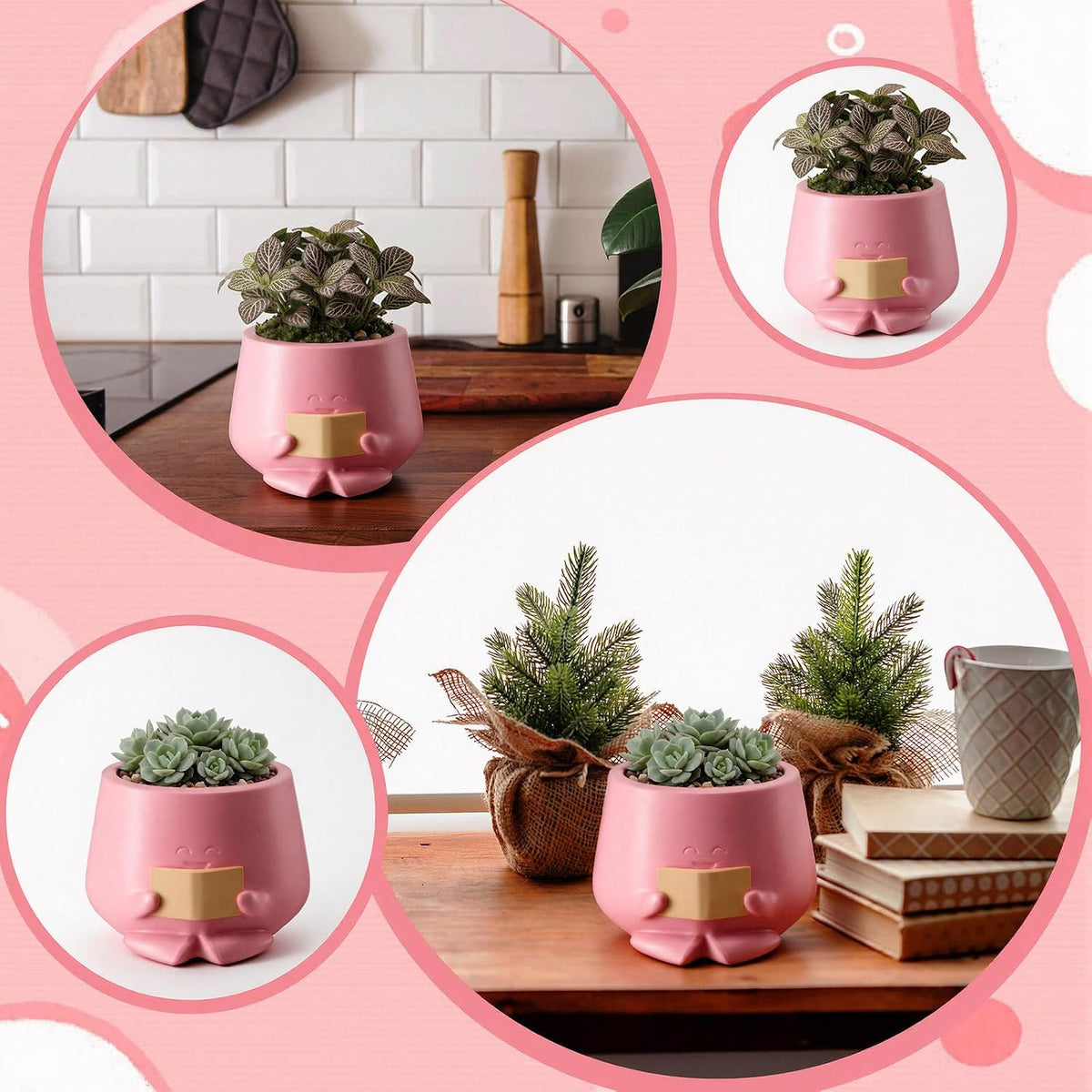 5" Reading Happy Face Pot Pink Resin Planter