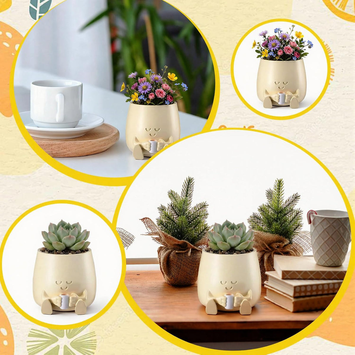 5" Reading Happy Face Pot Pink Resin Planter