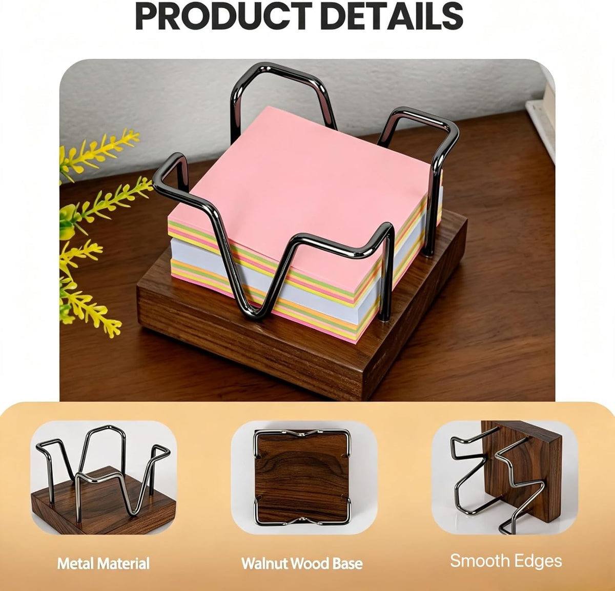 Walnut Wood Sticky Note Holder, 3 x 3 inch Self Stick Note Pad Holder, Post It Note Dispenser Desk Accessories for School and Office Desk Organizer, Gold