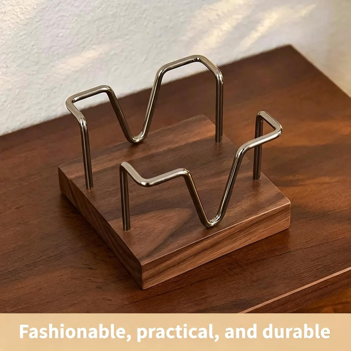 Walnut Wood Sticky Note Holder, 3 x 3 inch Self Stick Note Pad Holder, Post It Note Dispenser Desk Accessories for School and Office Desk Organizer, Gold