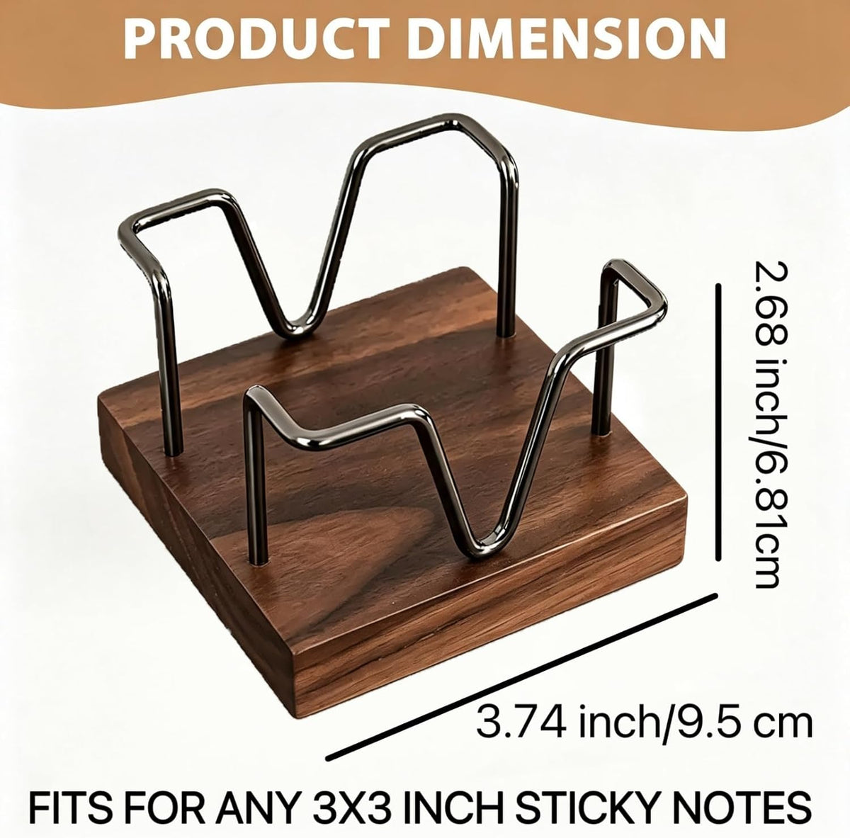 Walnut Wood Sticky Note Holder, 3 x 3 inch Self Stick Note Pad Holder, Post It Note Dispenser Desk Accessories for School and Office Desk Organizer, Gold