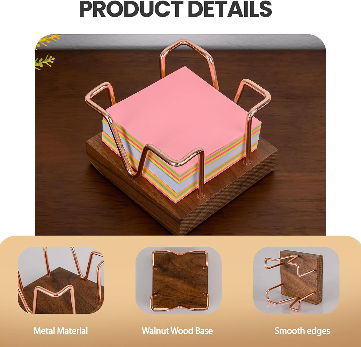 Walnut Wood Sticky Note Holder, 3 x 3 inch Self Stick Note Pad Holder, Post It Note Dispenser Desk Accessories for School and Office Desk Organizer, Gold
