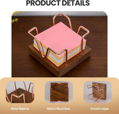Walnut Wood Sticky Note Holder, 3 x 3 inch Self Stick Note Pad Holder, Post It Note Dispenser Desk Accessories for School and Office Desk Organizer, Gold