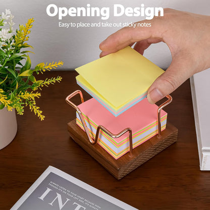 Walnut Wood Sticky Note Holder, 3 x 3 inch Self Stick Note Pad Holder, Post It Note Dispenser Desk Accessories for School and Office Desk Organizer, Gold