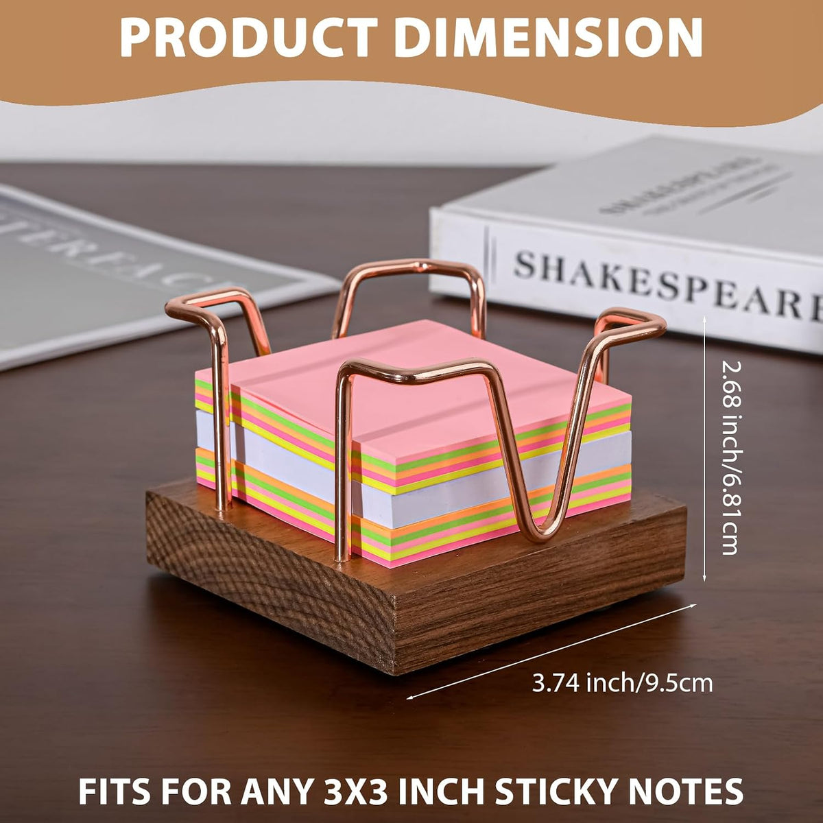 Walnut Wood Sticky Note Holder, 3 x 3 inch Self Stick Note Pad Holder, Post It Note Dispenser Desk Accessories for School and Office Desk Organizer, Gold
