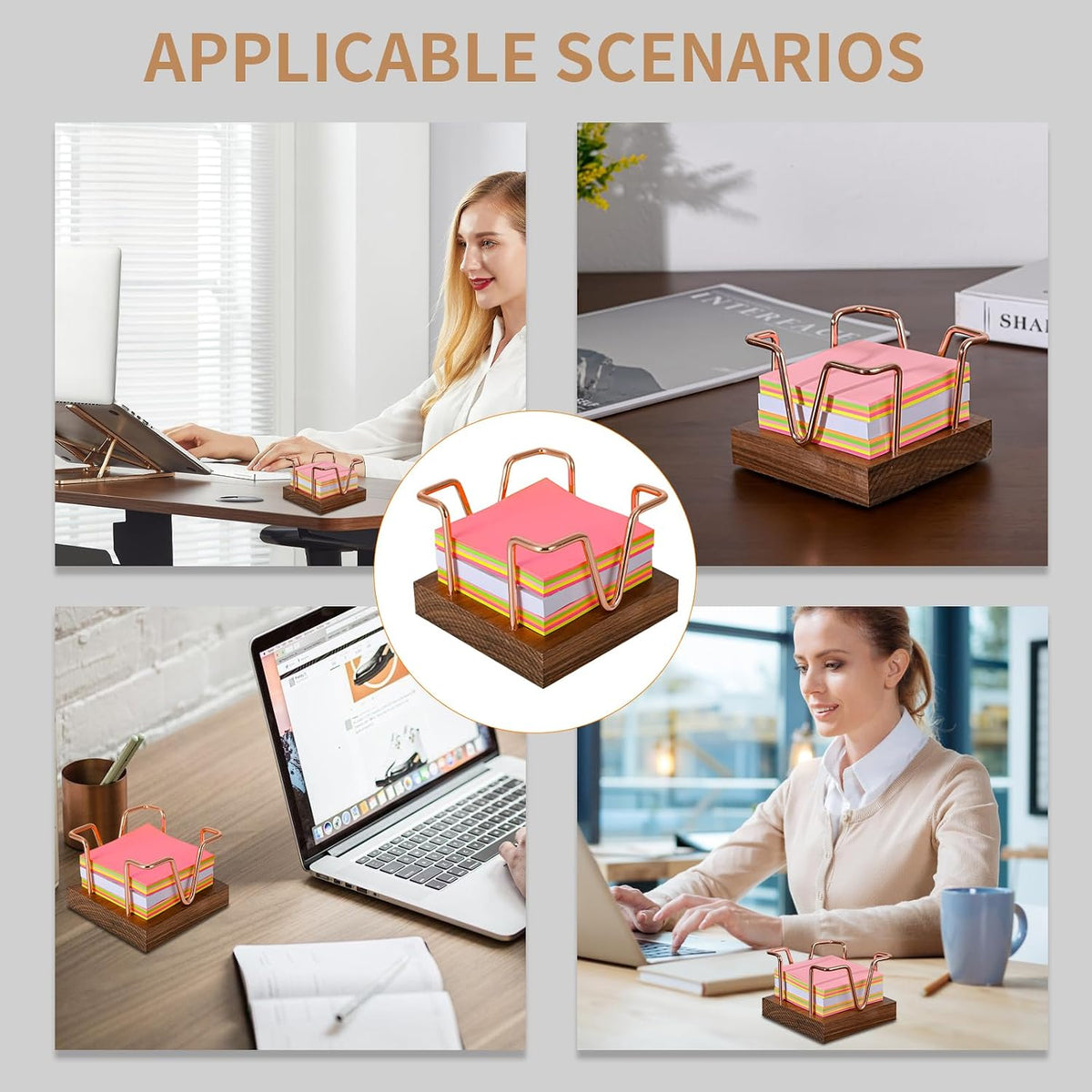 Walnut Wood Sticky Note Holder, 3 x 3 inch Self Stick Note Pad Holder, Post It Note Dispenser Desk Accessories for School and Office Desk Organizer, Gold