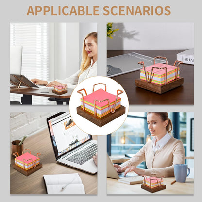 Walnut Wood Sticky Note Holder, 3 x 3 inch Self Stick Note Pad Holder, Post It Note Dispenser Desk Accessories for School and Office Desk Organizer, Gold