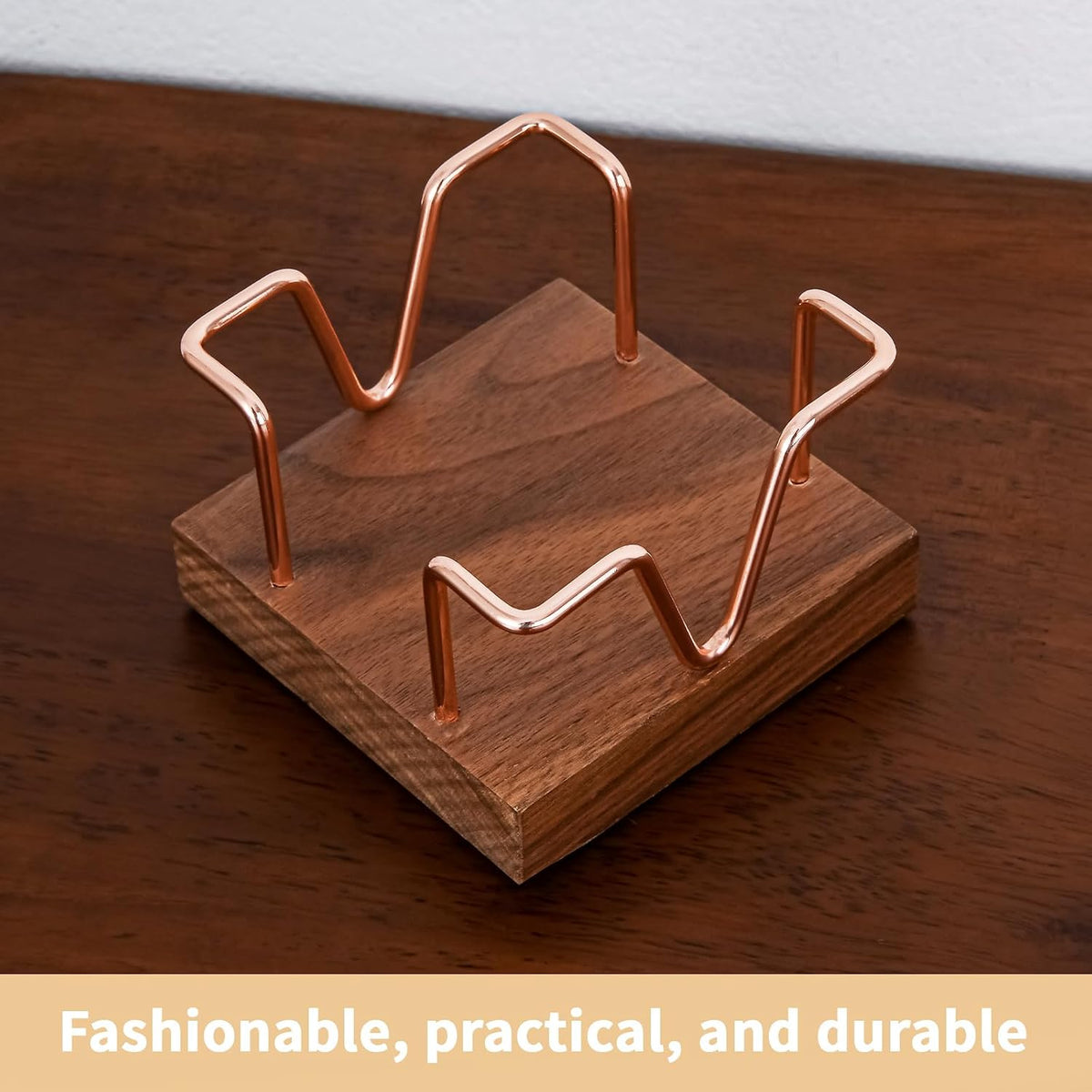 Walnut Wood Sticky Note Holder, 3 x 3 inch Self Stick Note Pad Holder, Post It Note Dispenser Desk Accessories for School and Office Desk Organizer, Gold