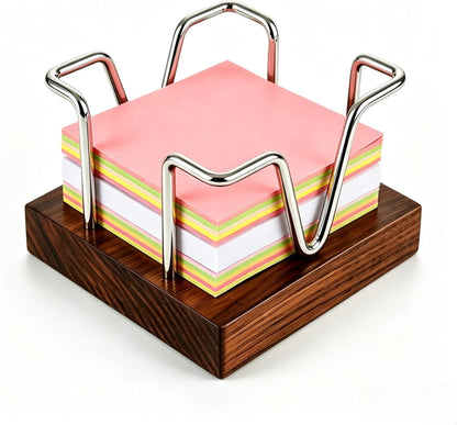 Walnut Wood Sticky Note Holder, 3 x 3 inch Self Stick Note Pad Holder, Post It Note Dispenser Desk Accessories for School and Office Desk Organizer, Gold