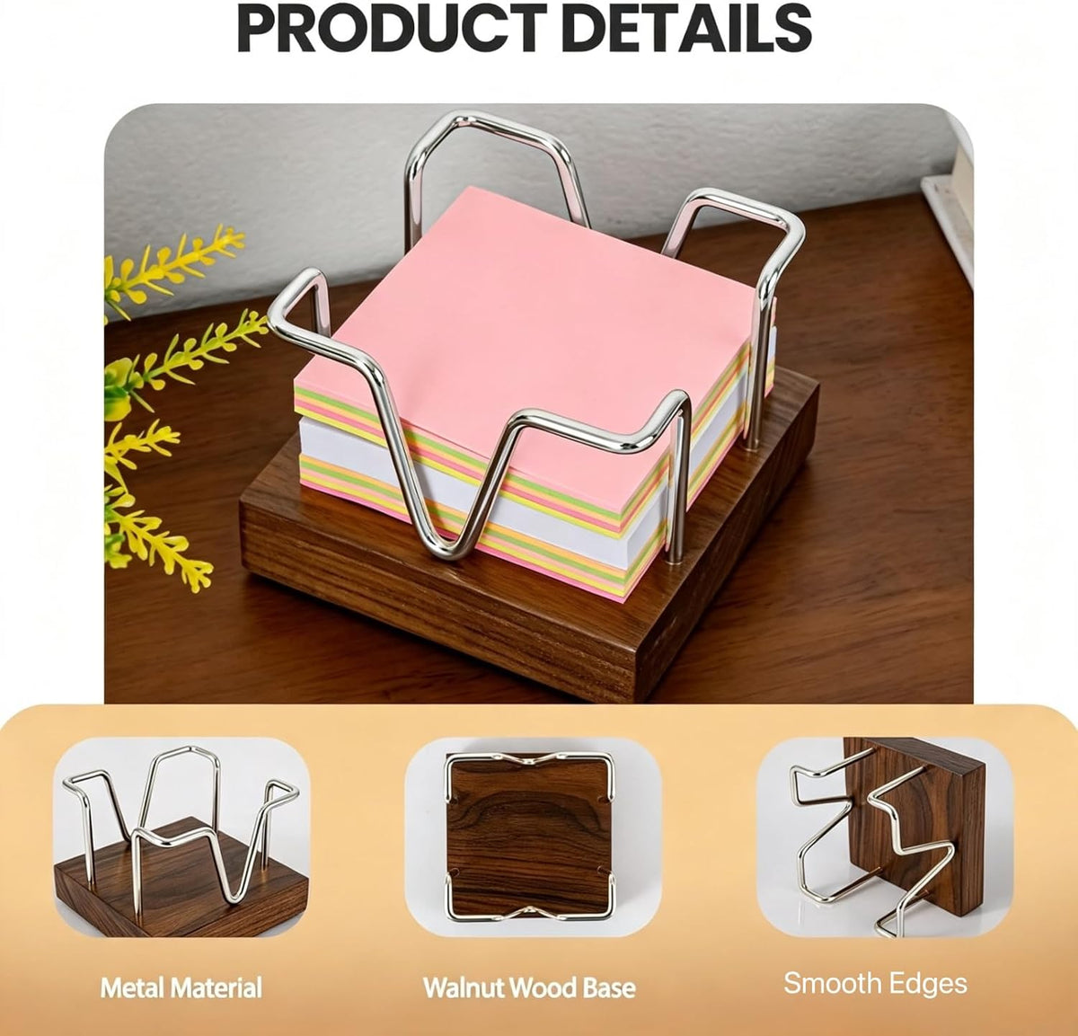 Walnut Wood Sticky Note Holder, 3 x 3 inch Self Stick Note Pad Holder, Post It Note Dispenser Desk Accessories for School and Office Desk Organizer, Gold