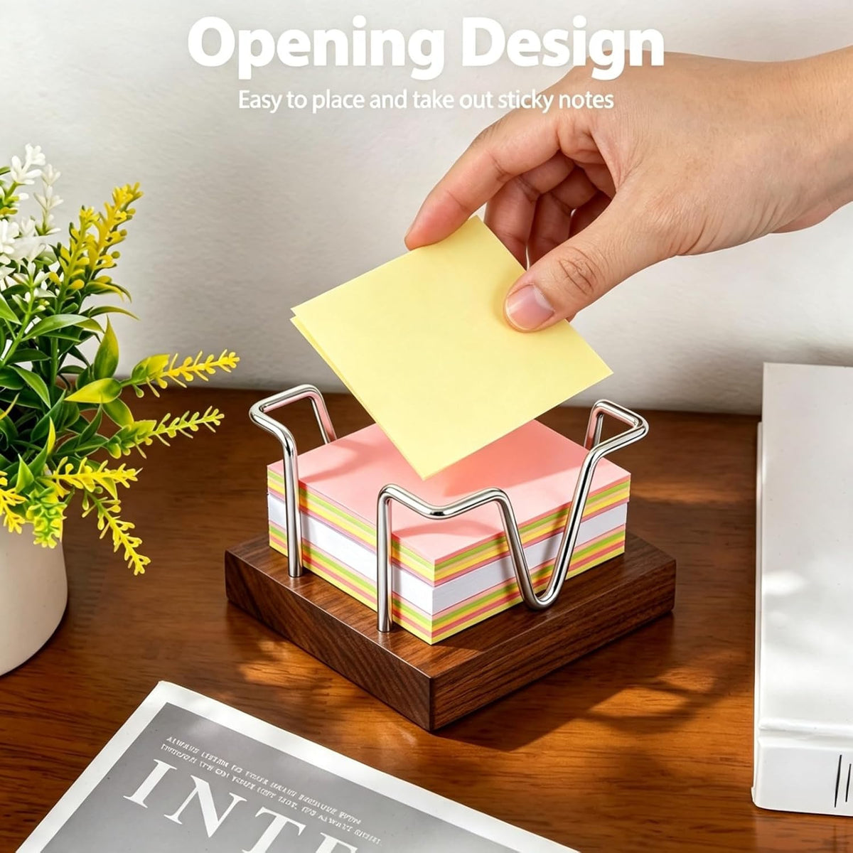 Walnut Wood Sticky Note Holder, 3 x 3 inch Self Stick Note Pad Holder, Post It Note Dispenser Desk Accessories for School and Office Desk Organizer, Gold