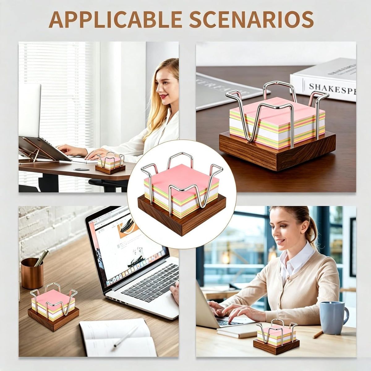 Walnut Wood Sticky Note Holder, 3 x 3 inch Self Stick Note Pad Holder, Post It Note Dispenser Desk Accessories for School and Office Desk Organizer, Gold