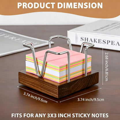 Walnut Wood Sticky Note Holder, 3 x 3 inch Self Stick Note Pad Holder, Post It Note Dispenser Desk Accessories for School and Office Desk Organizer, Gold