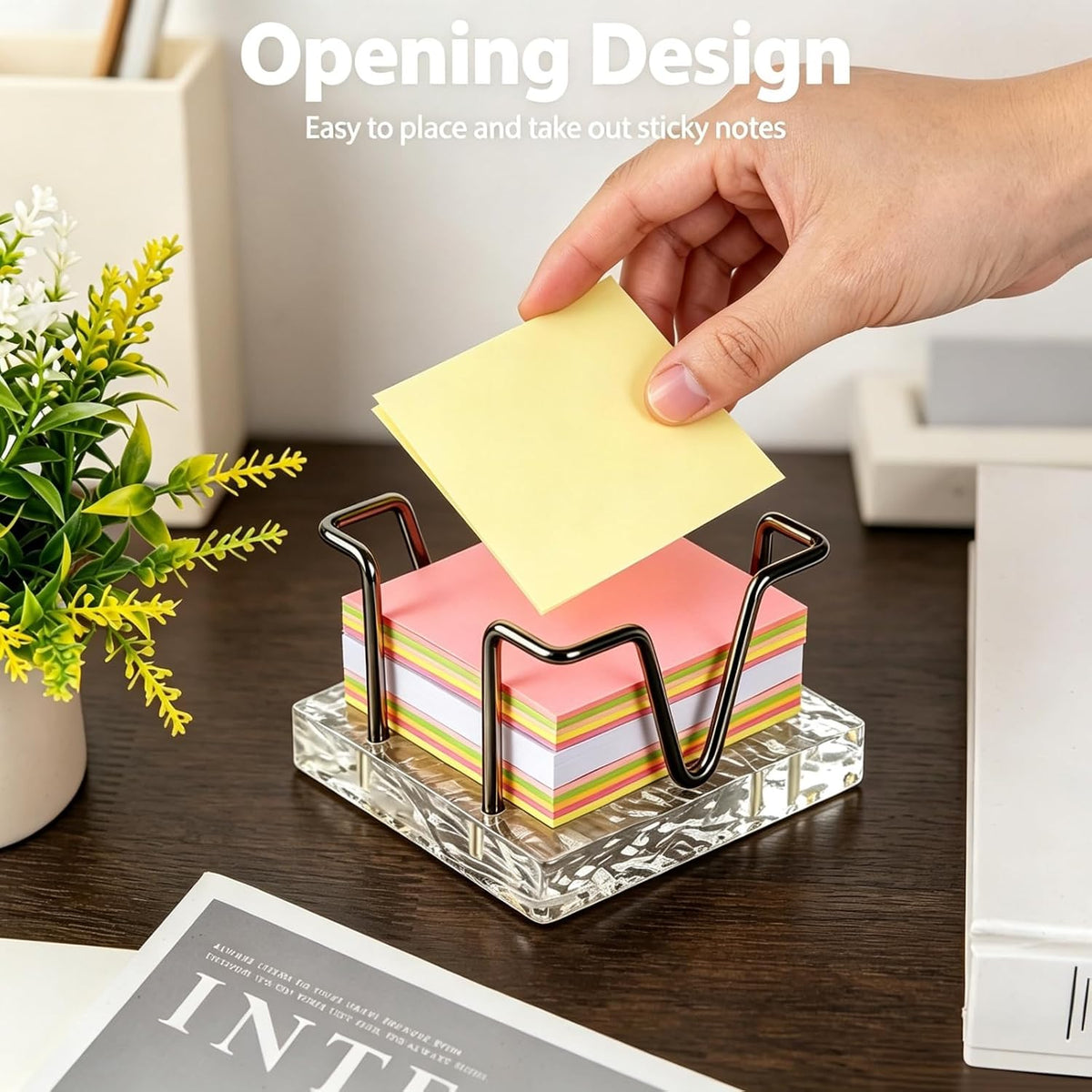 Walnut Wood Sticky Note Holder, 3 x 3 inch Self Stick Note Pad Holder, Post It Note Dispenser Desk Accessories for School and Office Desk Organizer, Gold