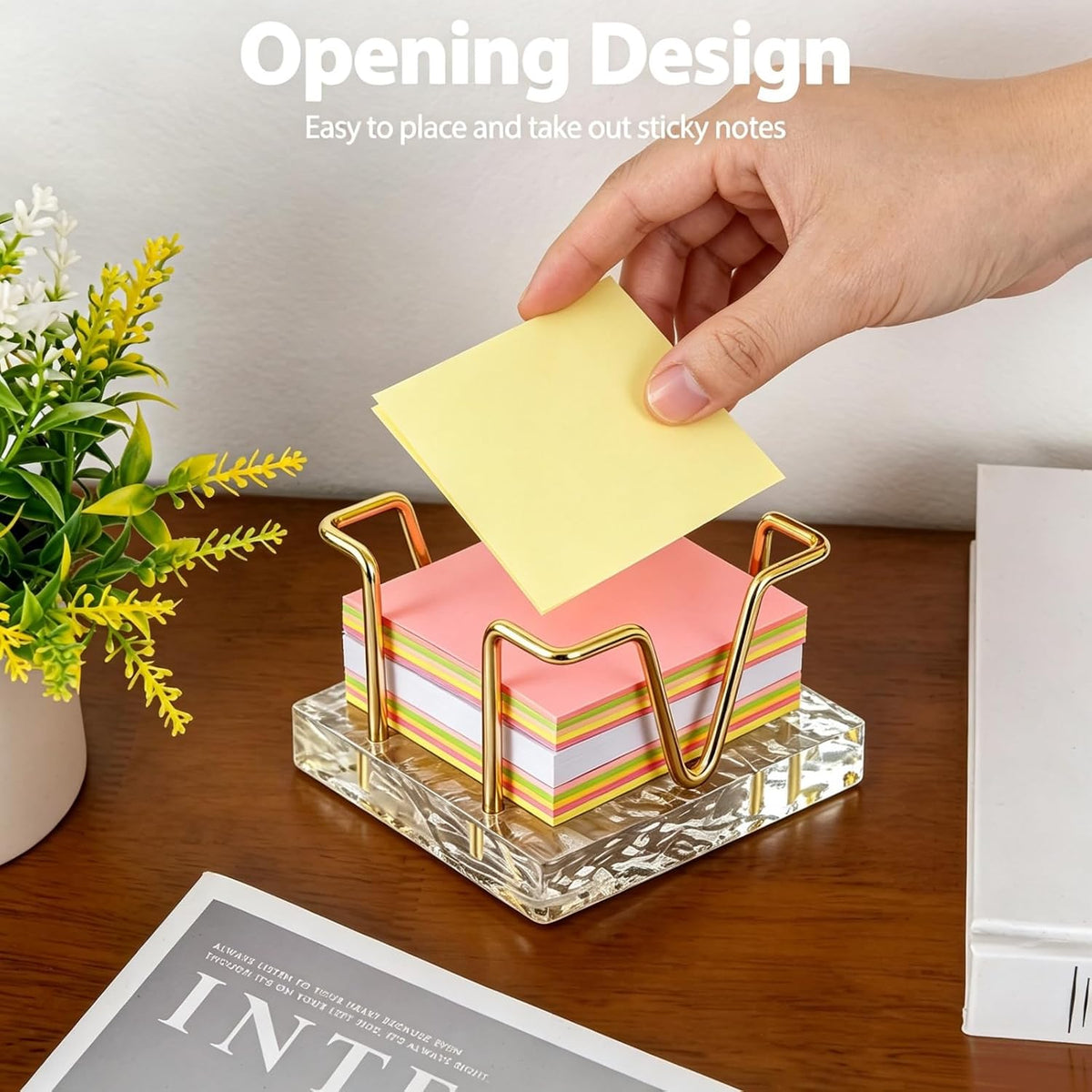 Walnut Wood Sticky Note Holder, 3 x 3 inch Self Stick Note Pad Holder, Post It Note Dispenser Desk Accessories for School and Office Desk Organizer, Gold