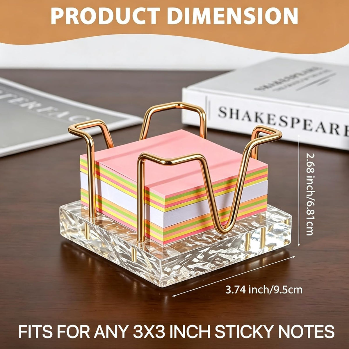 Walnut Wood Sticky Note Holder, 3 x 3 inch Self Stick Note Pad Holder, Post It Note Dispenser Desk Accessories for School and Office Desk Organizer, Gold