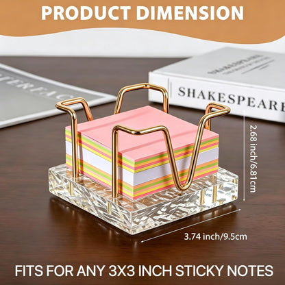 Walnut Wood Sticky Note Holder, 3 x 3 inch Self Stick Note Pad Holder, Post It Note Dispenser Desk Accessories for School and Office Desk Organizer, Gold