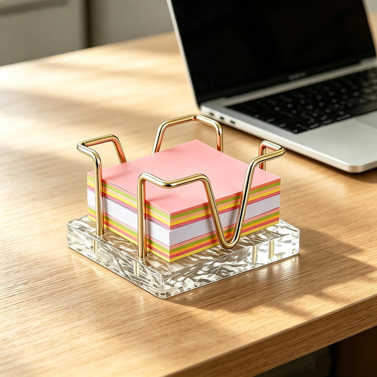 Walnut Wood Sticky Note Holder, 3 x 3 inch Self Stick Note Pad Holder, Post It Note Dispenser Desk Accessories for School and Office Desk Organizer, Gold