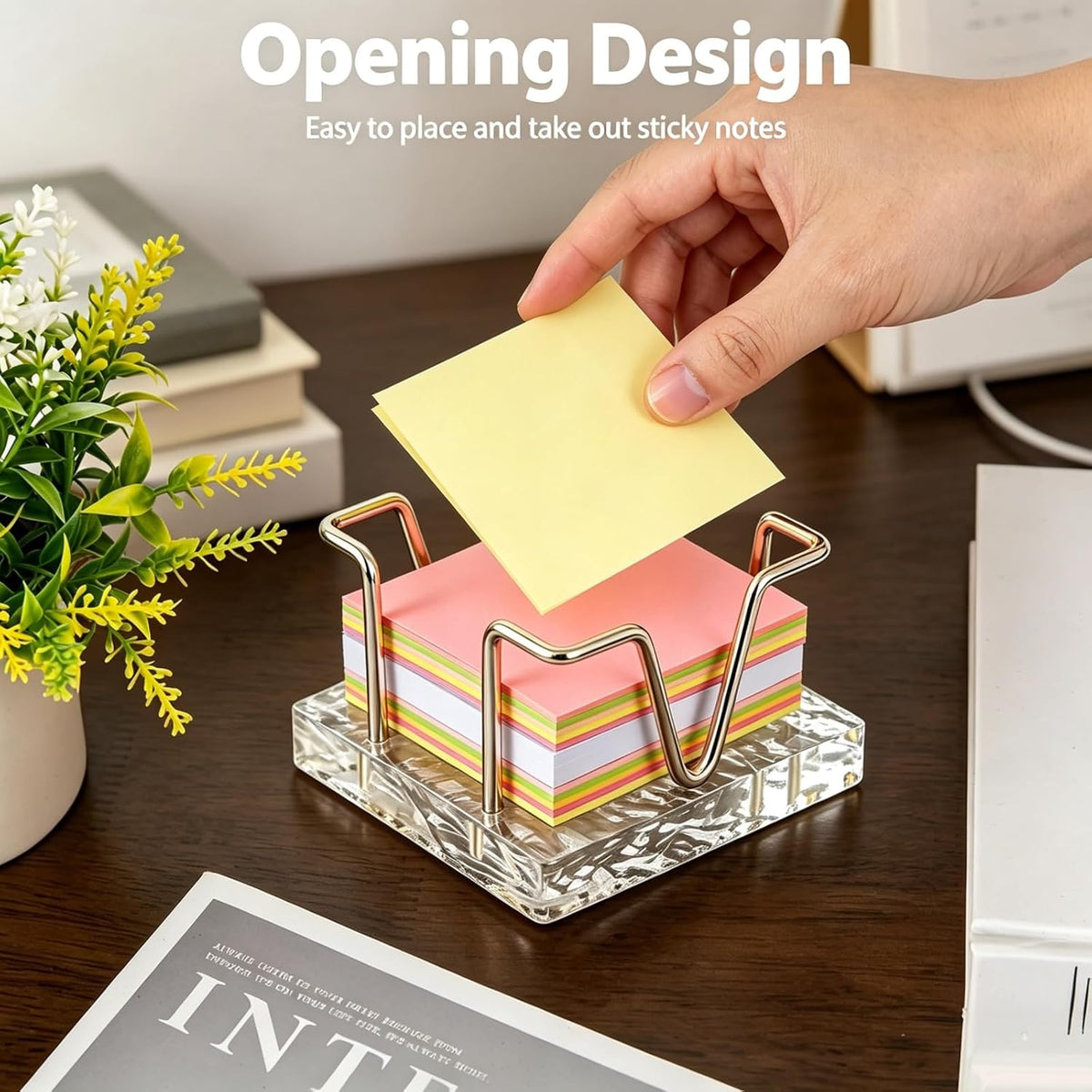 Walnut Wood Sticky Note Holder, 3 x 3 inch Self Stick Note Pad Holder, Post It Note Dispenser Desk Accessories for School and Office Desk Organizer, Gold