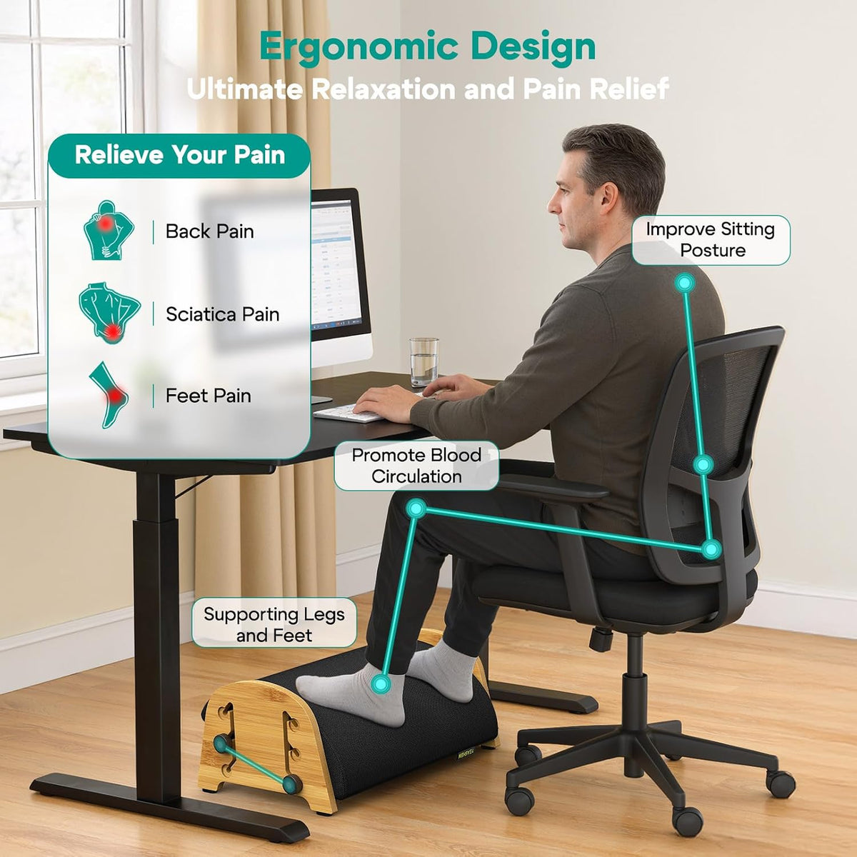 YESHEIN Ergonomic Foot Rest Under Desk At Work, 6 Positions, Bamboo Wood