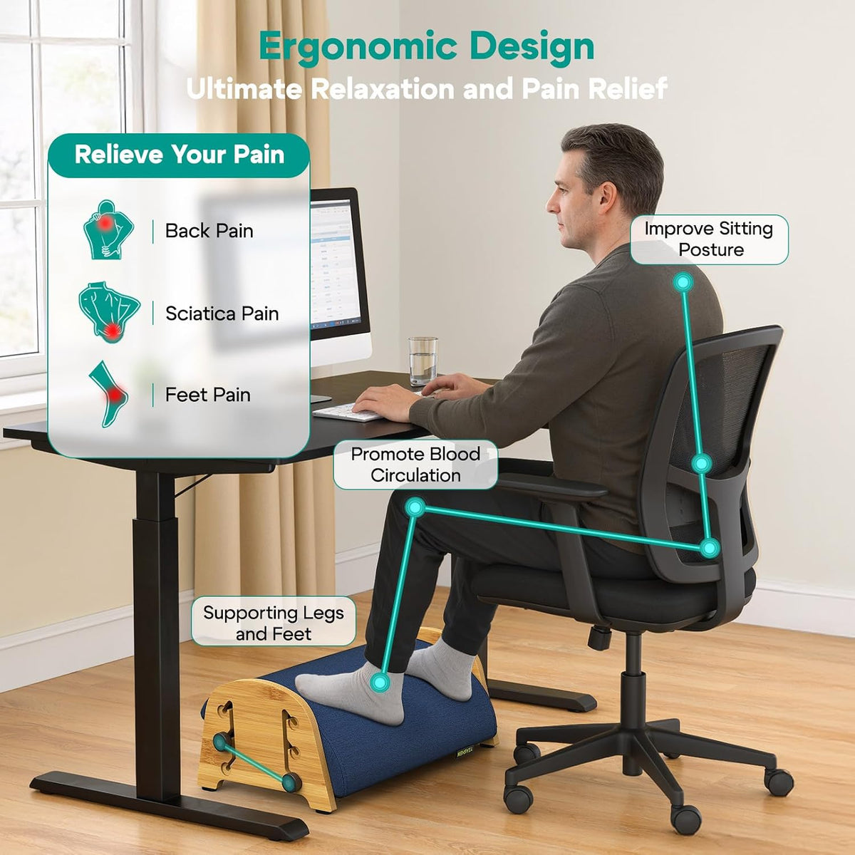 YESHEIN Ergonomic Foot Rest Under Desk At Work, 6 Positions, Bamboo Wood
