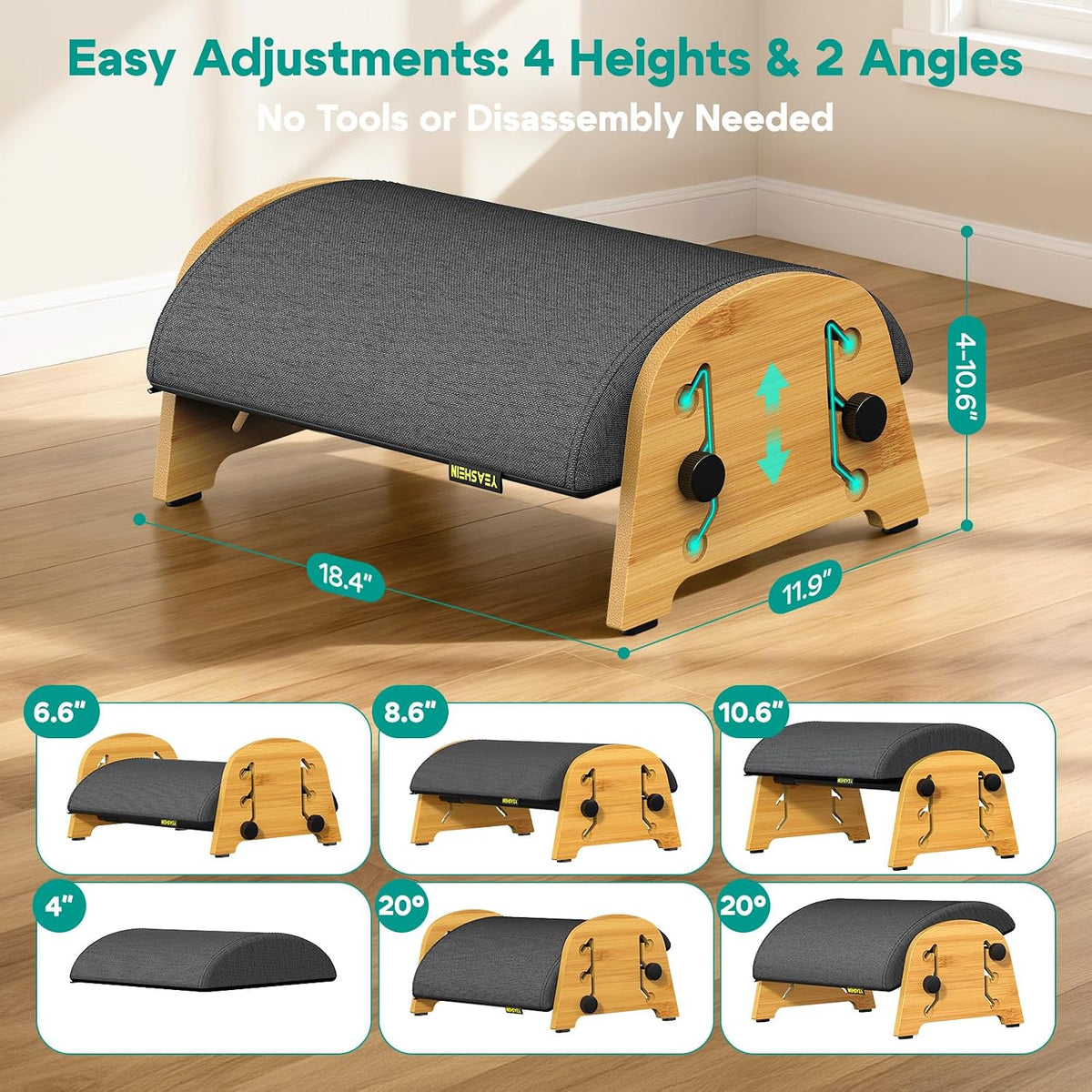 YESHEIN Ergonomic Foot Rest Under Desk At Work, 6 Positions, Bamboo Wood