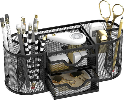Mesh Desk Organizer, Pen Holder for Desk with 2 Drawers, Black