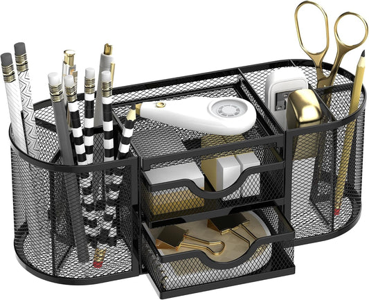 Mesh Desk Organizer, Pen Holder for Desk with 2 Drawers, Black