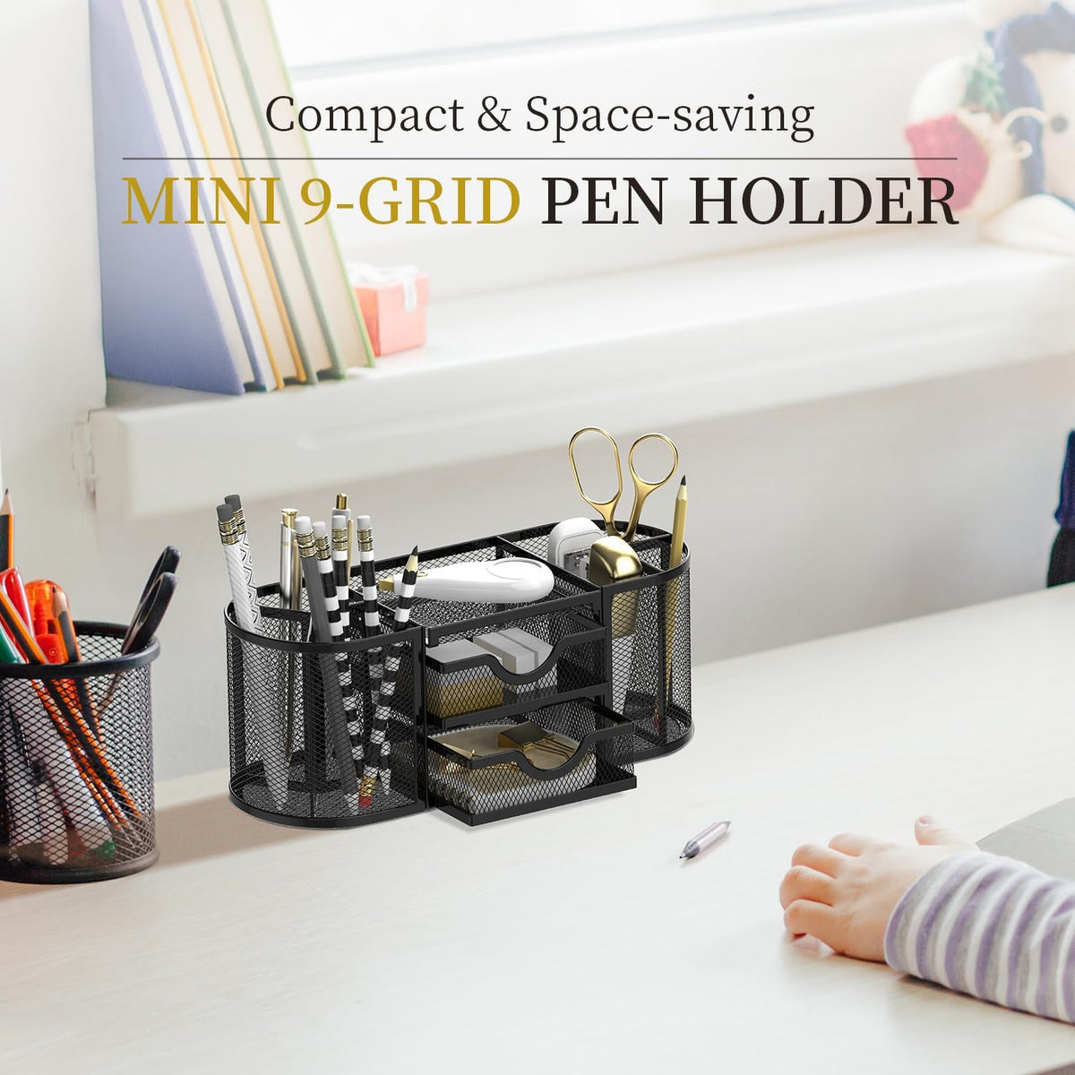 Mesh Desk Organizer, Pen Holder for Desk with 2 Drawers, Black