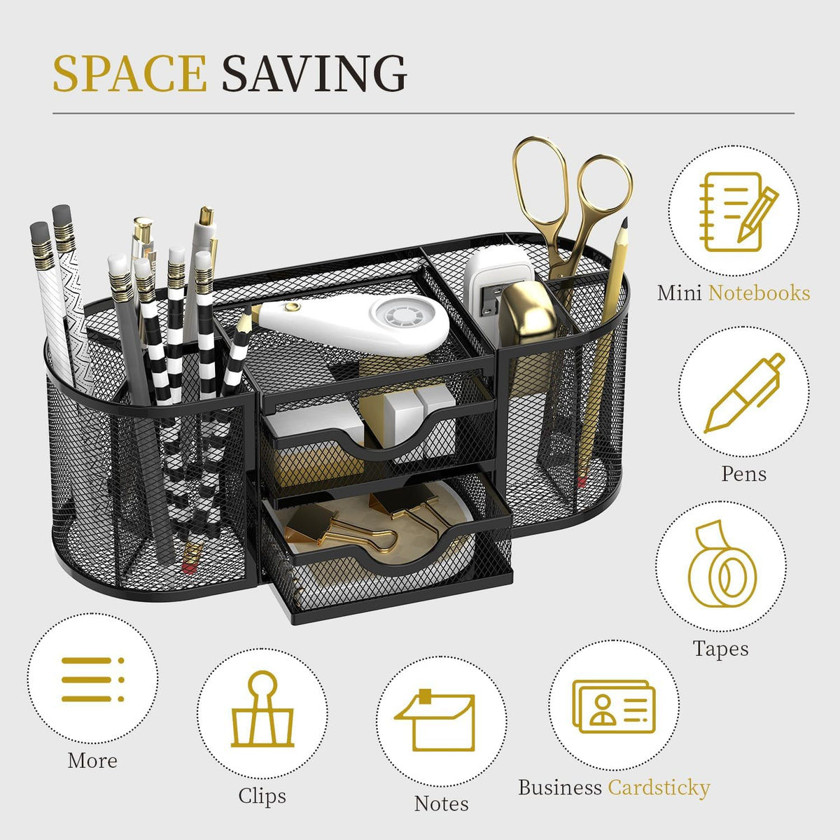 Mesh Desk Organizer, Pen Holder for Desk with 2 Drawers, Black
