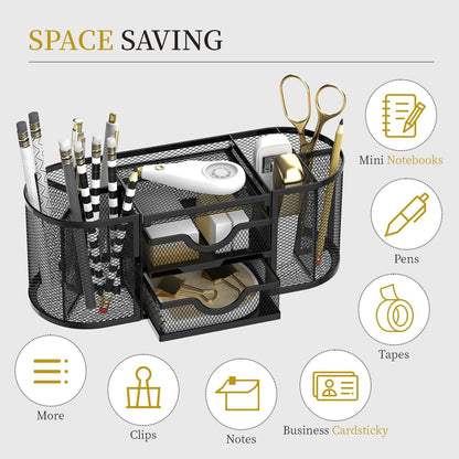 Mesh Desk Organizer, Pen Holder for Desk with 2 Drawers, Black