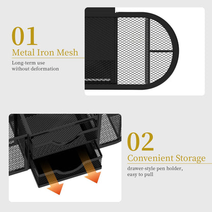 Mesh Desk Organizer, Pen Holder for Desk with 2 Drawers, Black