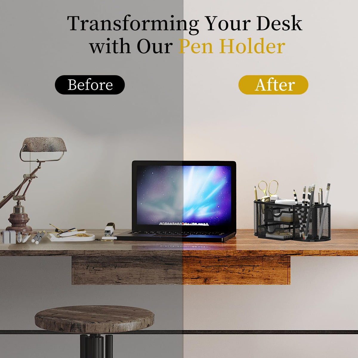 Mesh Desk Organizer, Pen Holder for Desk with 2 Drawers, Black