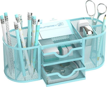 Mesh Desk Organizer, Pen Holder for Desk with 2 Drawers, Black