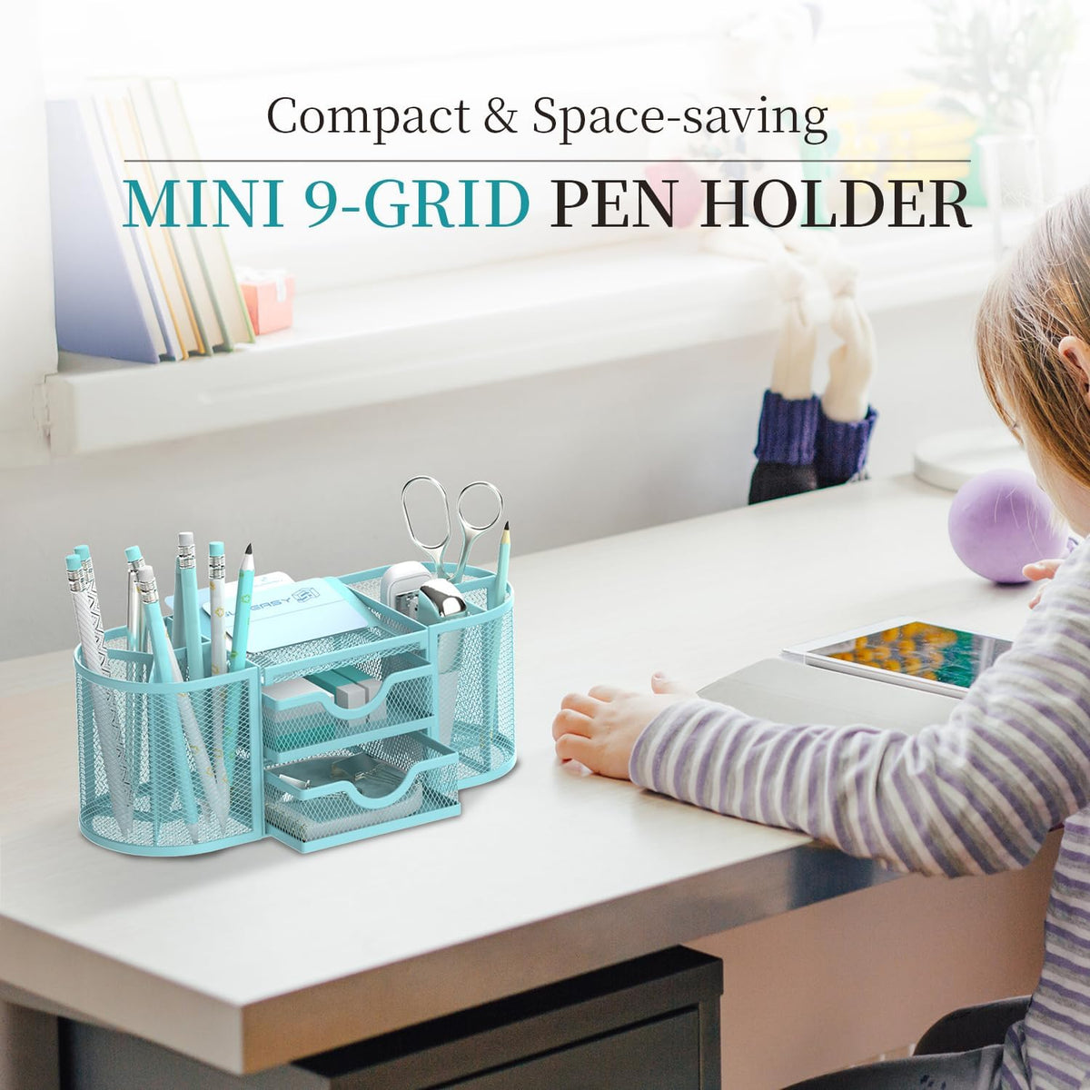 Mesh Desk Organizer, Pen Holder for Desk with 2 Drawers, Black