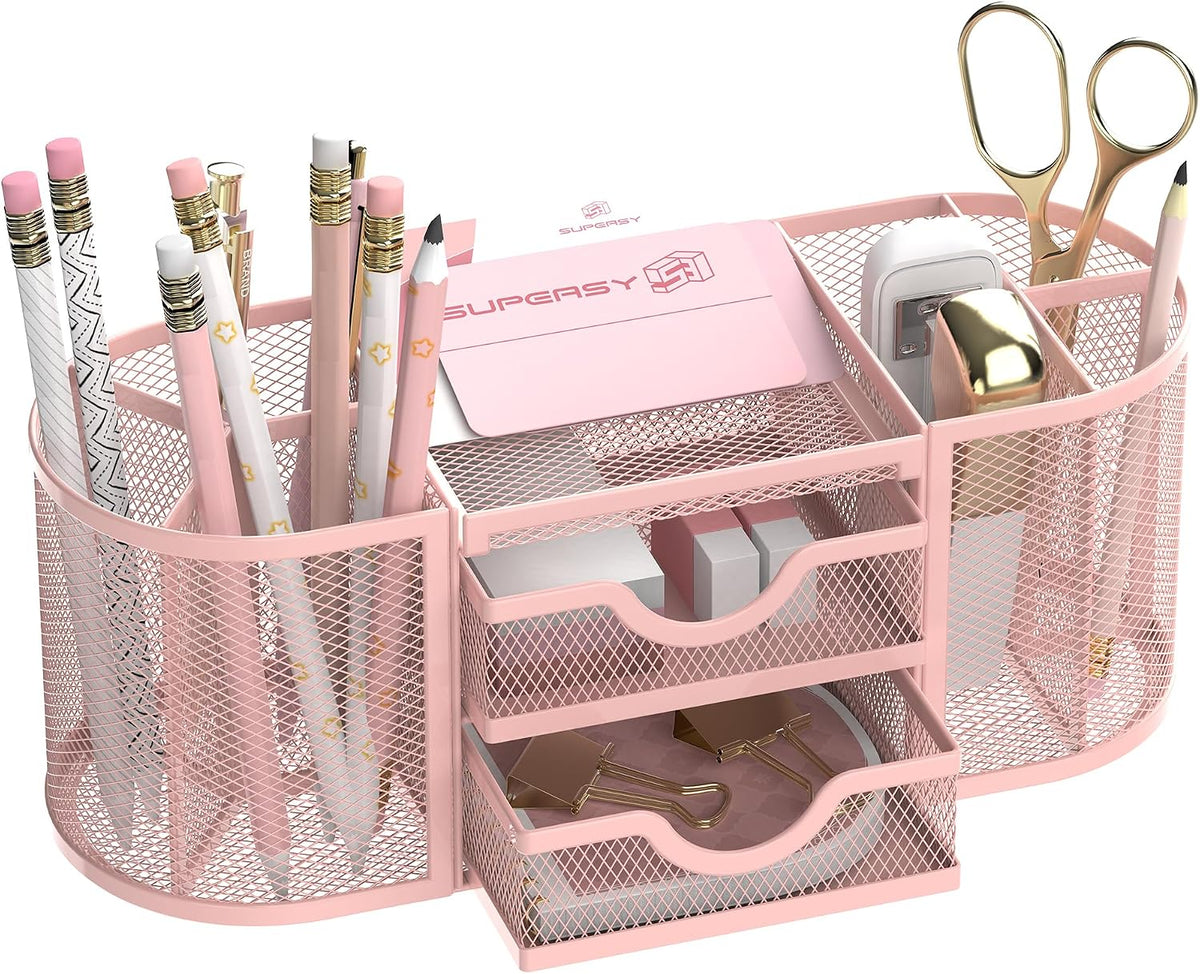 Mesh Desk Organizer, Pen Holder for Desk with 2 Drawers, Black
