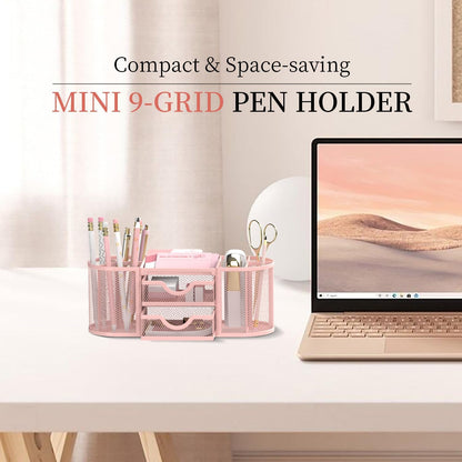 Mesh Desk Organizer, Pen Holder for Desk with 2 Drawers, Black