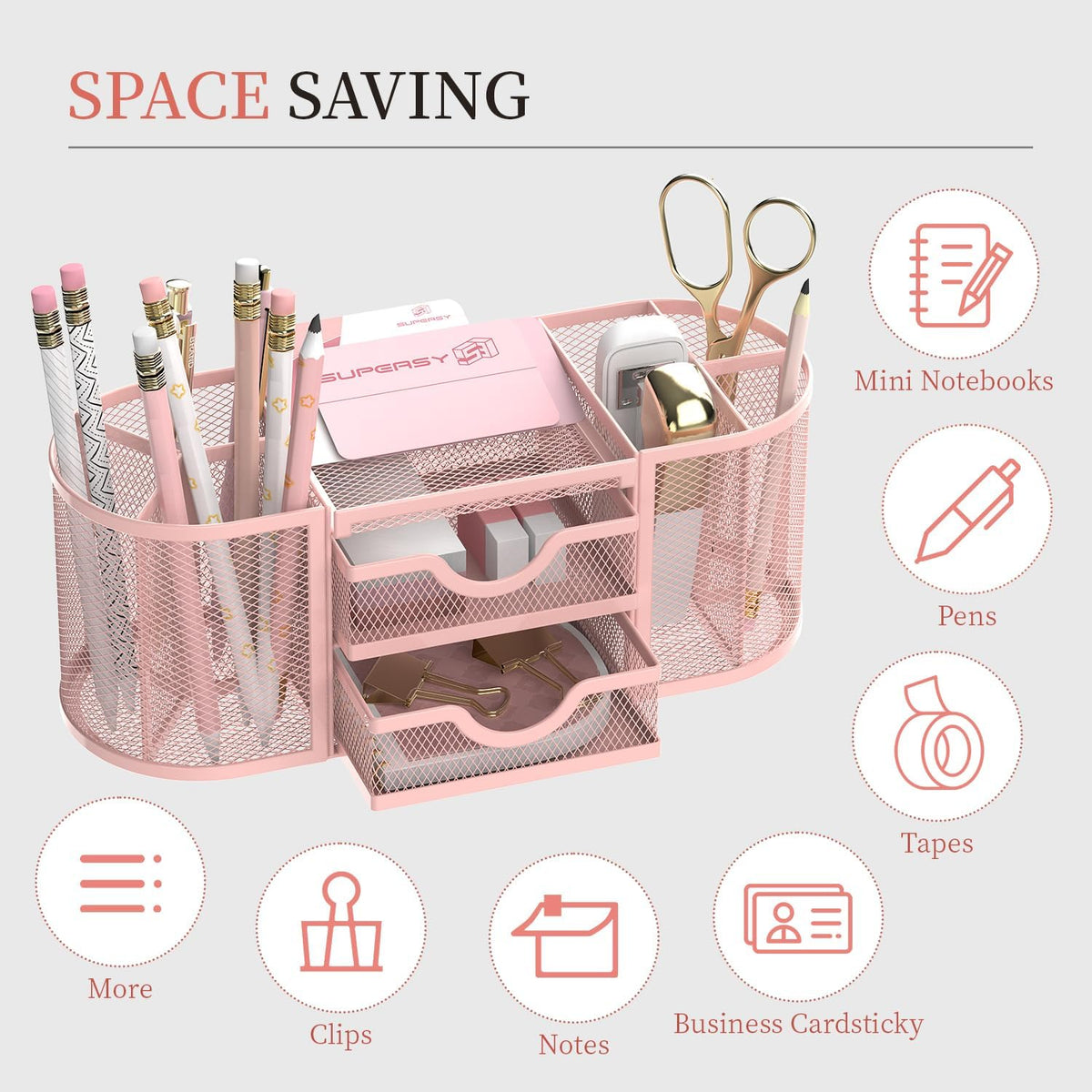 Mesh Desk Organizer, Pen Holder for Desk with 2 Drawers, Black