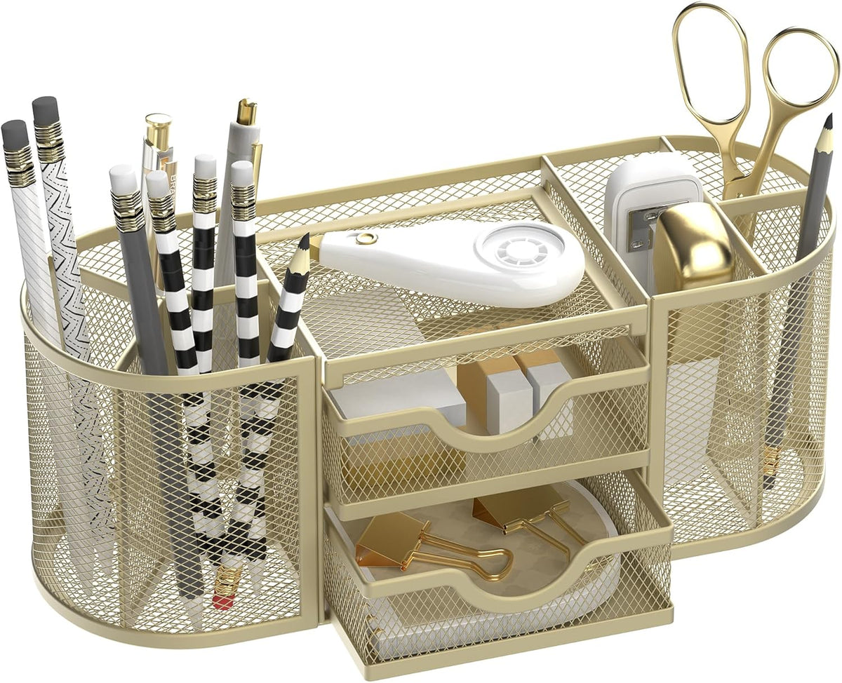 Mesh Desk Organizer, Pen Holder for Desk with 2 Drawers, Black
