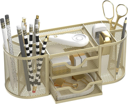 Mesh Desk Organizer, Pen Holder for Desk with 2 Drawers, Black