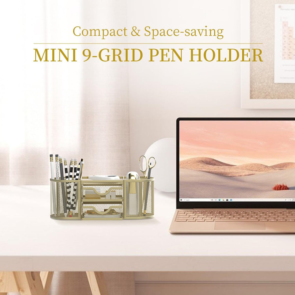 Mesh Desk Organizer, Pen Holder for Desk with 2 Drawers, Black