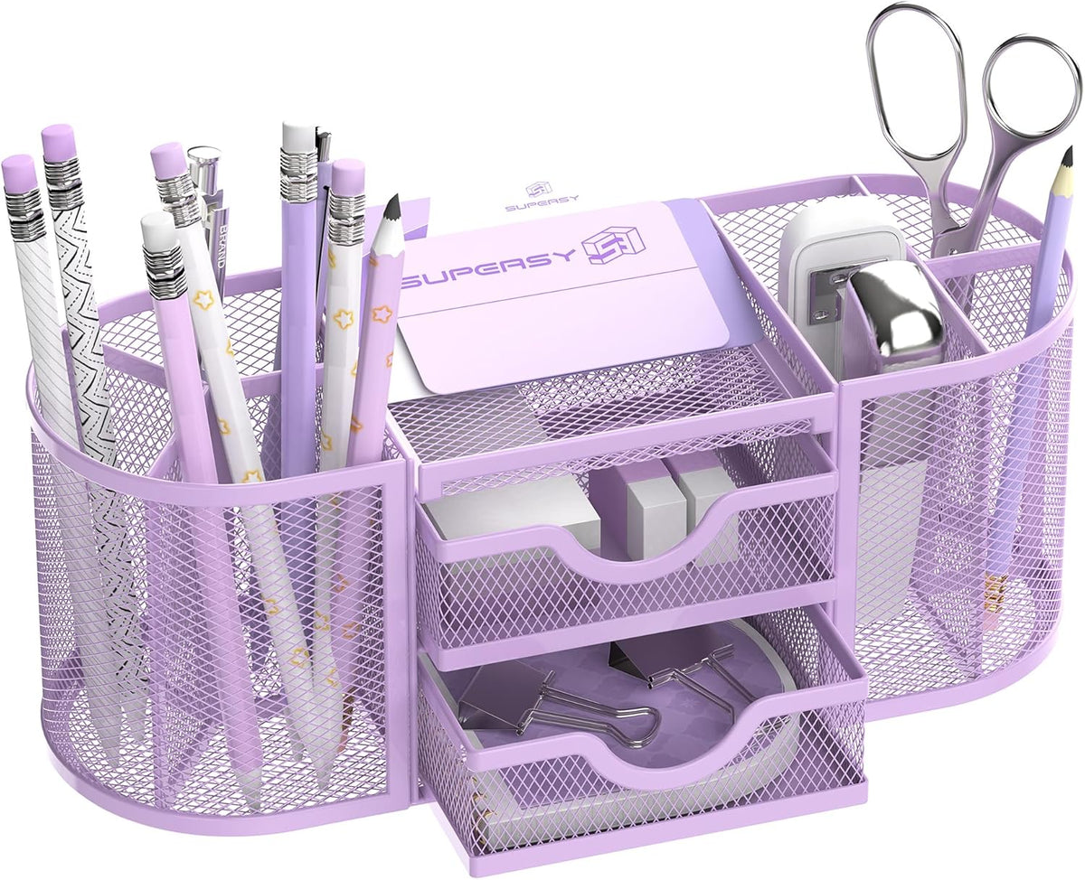 Mesh Desk Organizer, Pen Holder for Desk with 2 Drawers, Black