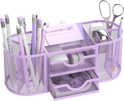 Mesh Desk Organizer, Pen Holder for Desk with 2 Drawers, Black