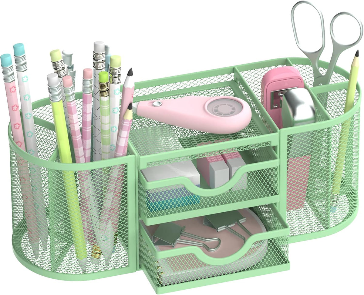 Mesh Desk Organizer, Pen Holder for Desk with 2 Drawers, Black