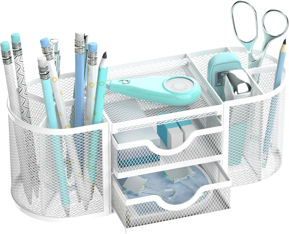 Mesh Desk Organizer, Pen Holder for Desk with 2 Drawers, Black