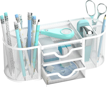 Mesh Desk Organizer, Pen Holder for Desk with 2 Drawers, Black