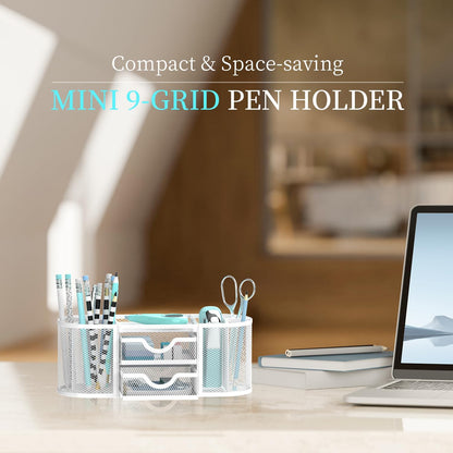 Mesh Desk Organizer, Pen Holder for Desk with 2 Drawers, Black
