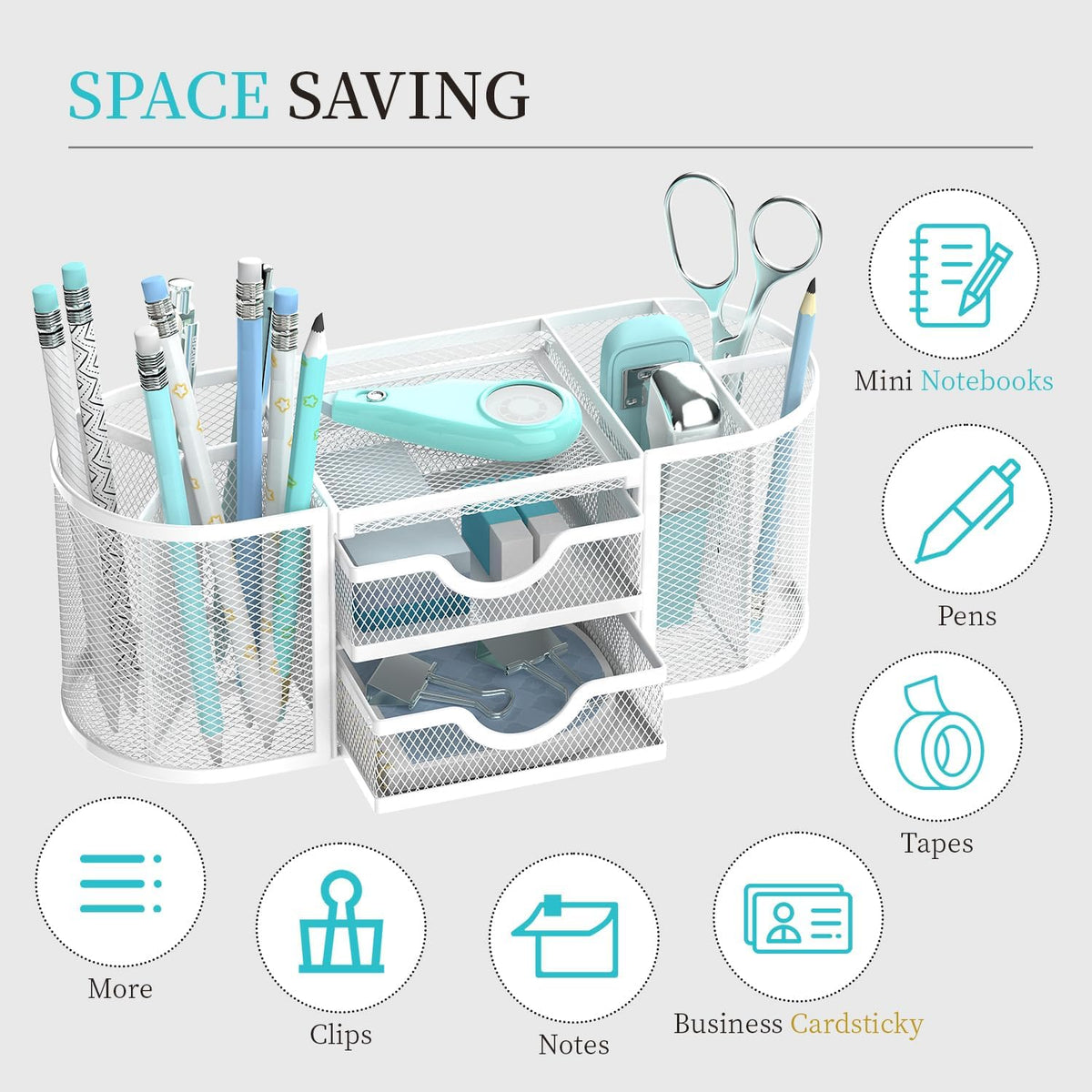 Mesh Desk Organizer, Pen Holder for Desk with 2 Drawers, Black